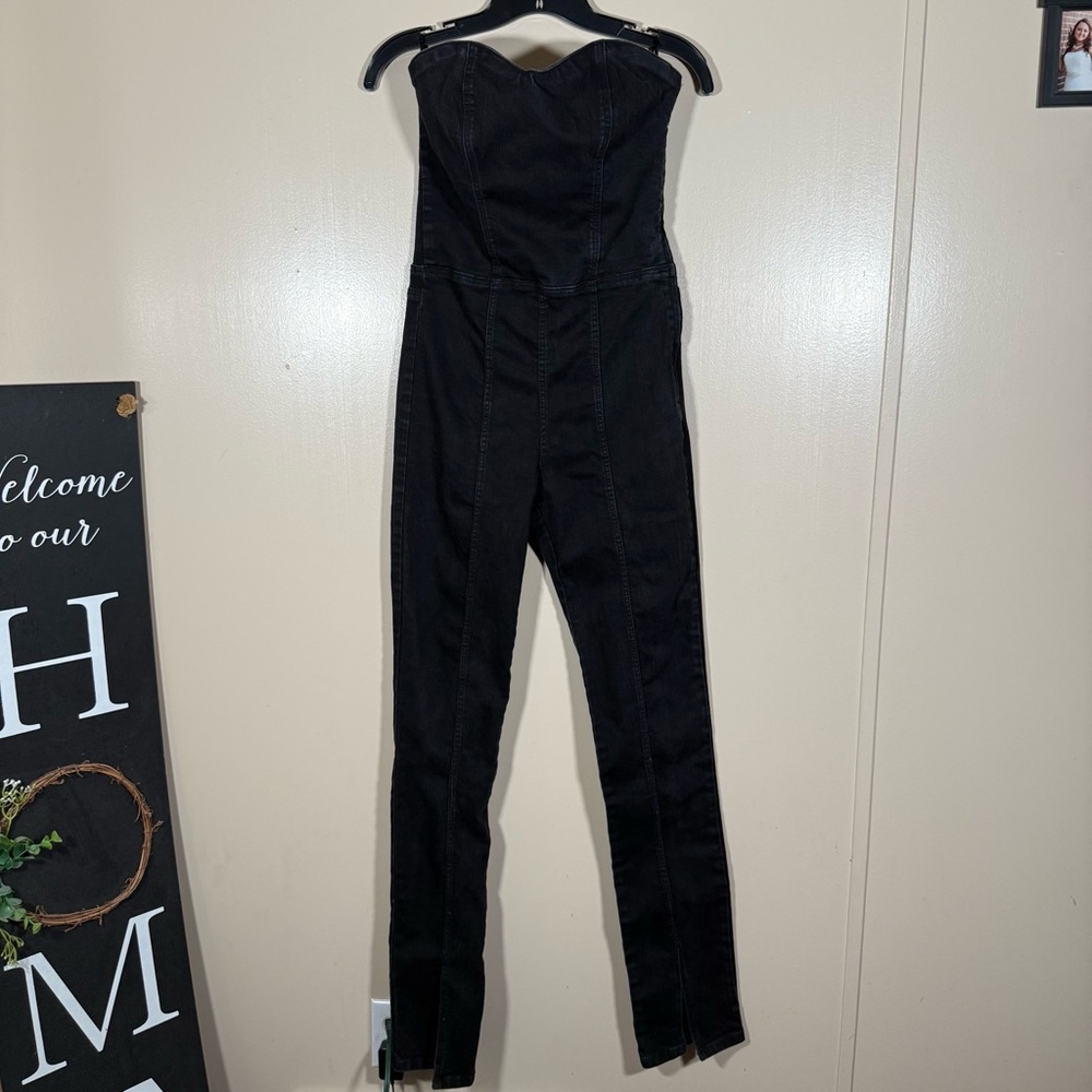 Zara Black Denim TRF Strapless Corset Jumpsuit Medium - Picture 3 of 9